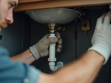 Plumber repairing pipework under a sink