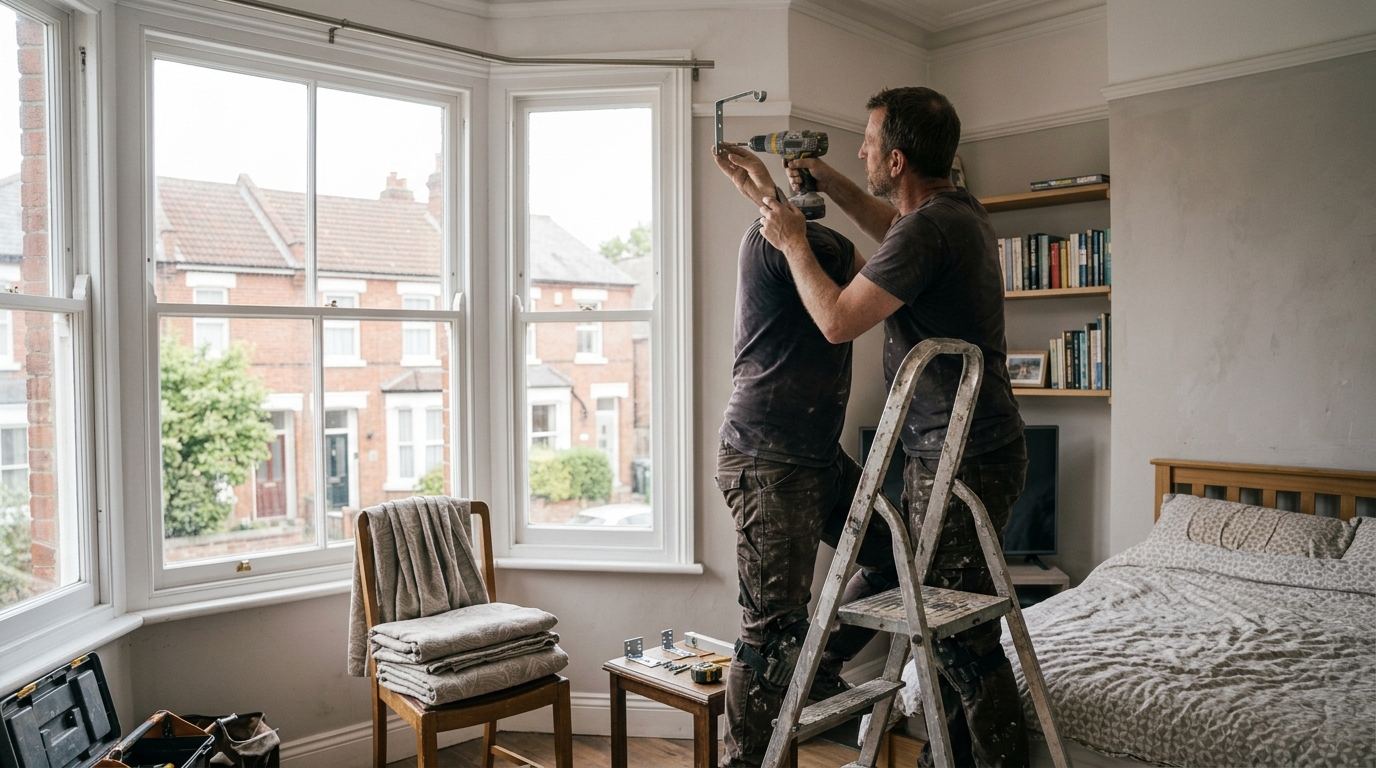 Handyman fitting a curtain pole across a bay window in a Salisbury bedroom