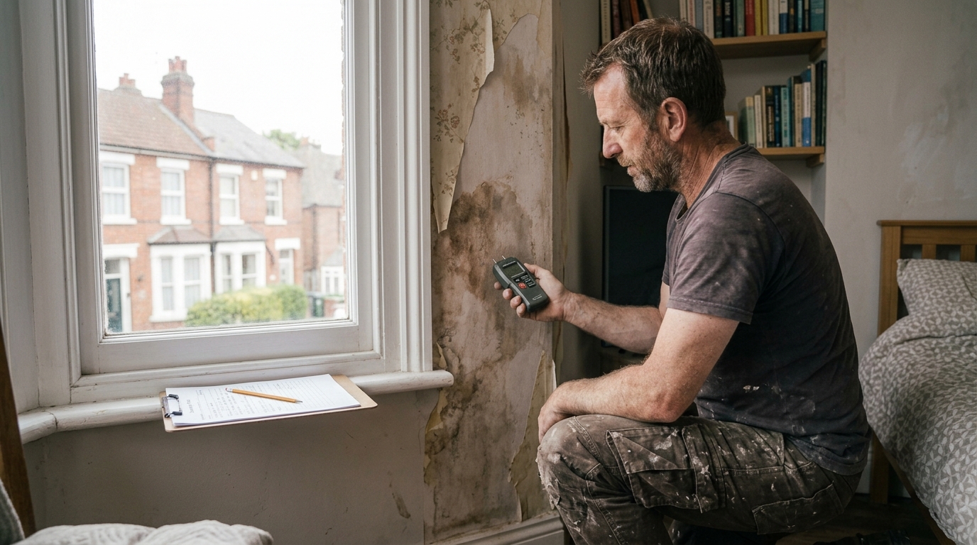 Tradesman using a moisture meter to diagnose damp on a wall in an older Salisbury property