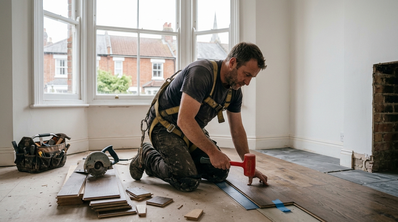 Handyman fitting new timber flooring boards in a Salisbury period property