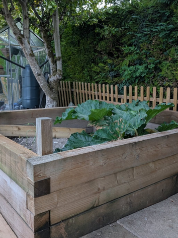 Raised garden bed built from timber in a Wiltshire garden
