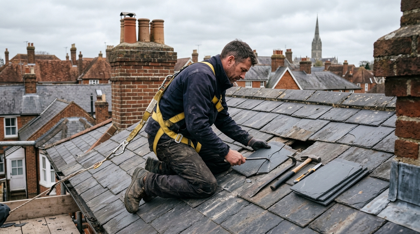 Tradesman replacing a slipped slate roof tile on a Salisbury rooftop, cathedral spire visible in the background