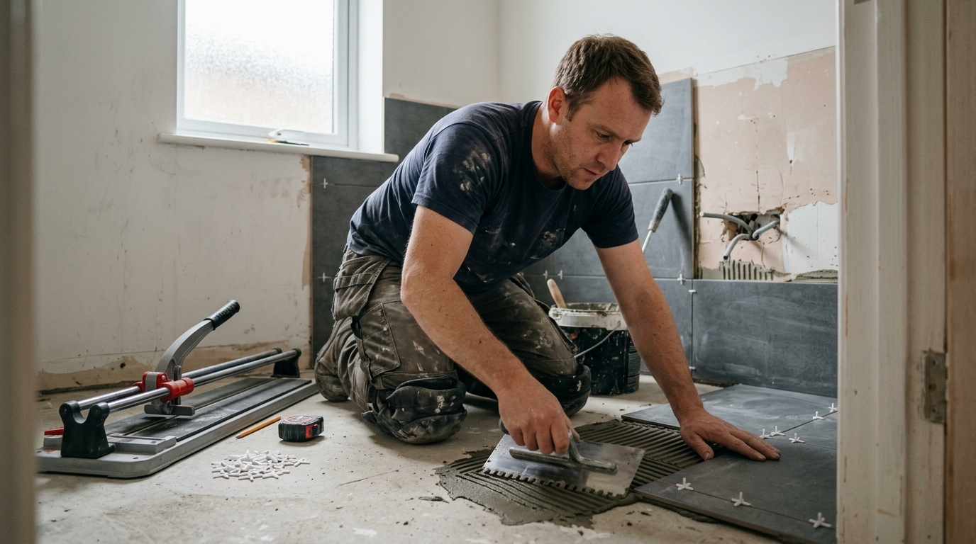 Tradesman fixing wall tiles with a notched trowel during a bathroom tiling job