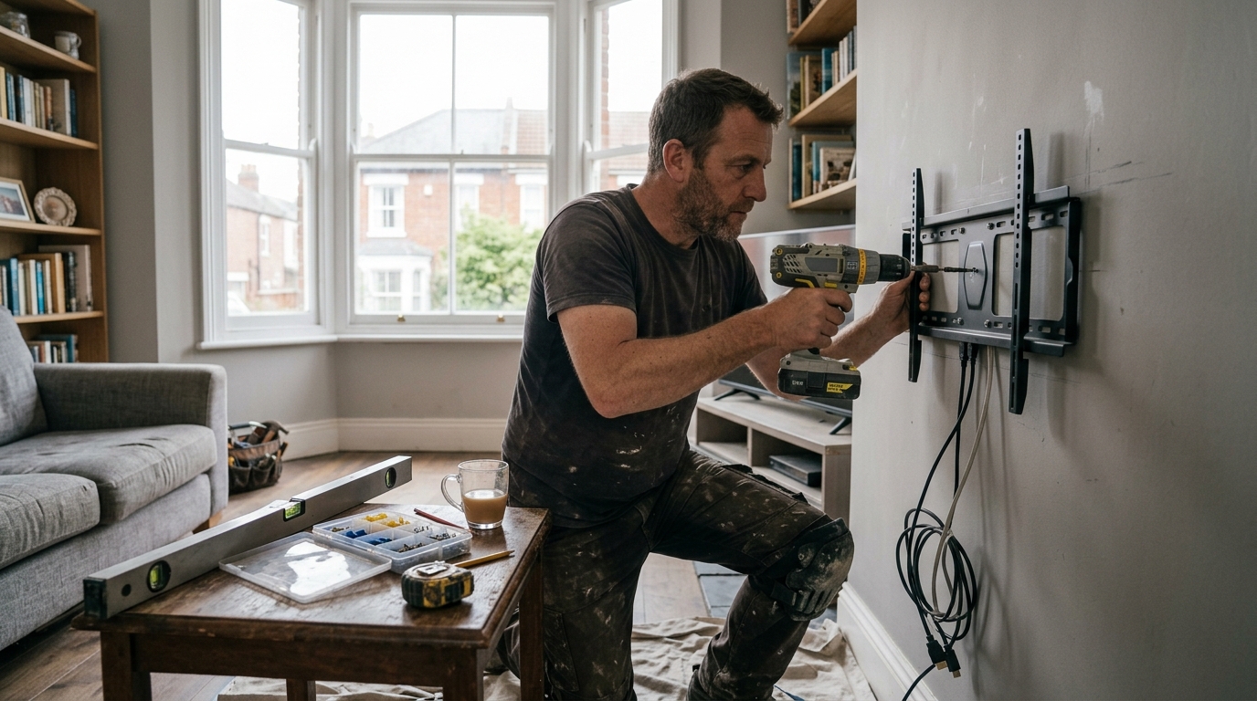 Handyman fixing a TV wall bracket to a living room wall in Salisbury