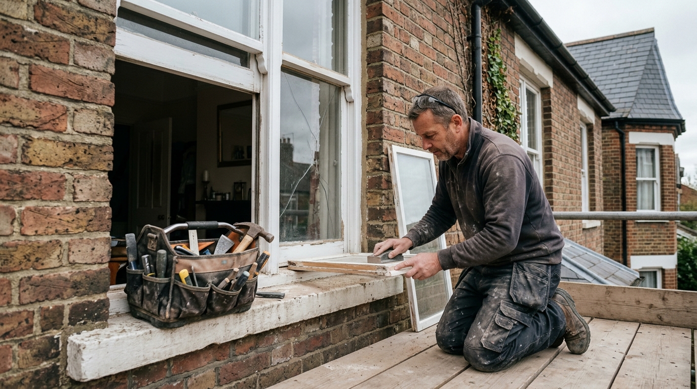 Handyman repairing a timber sash window removed from a period property in Salisbury